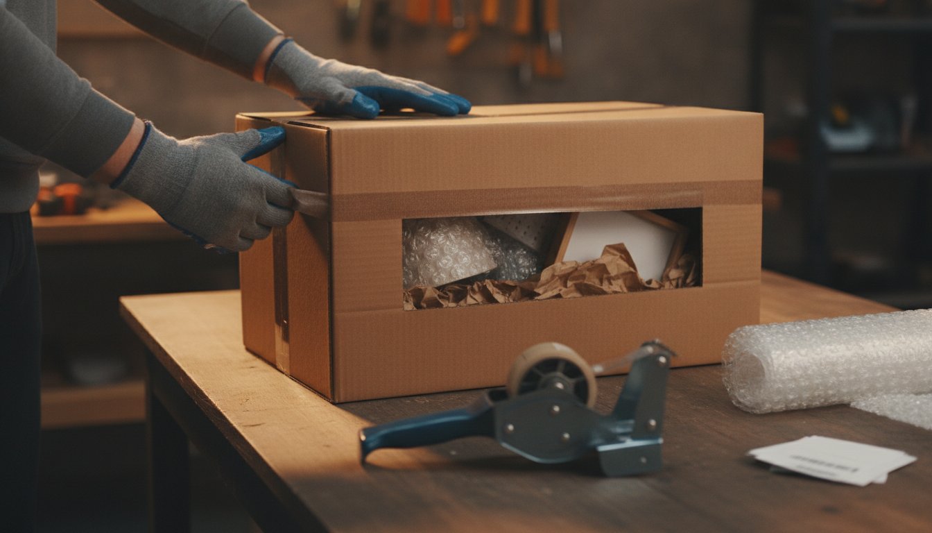Gloved hands sealing a double-walled cardboard box packed with bubble wrap and kraft void-fill on a workbench.