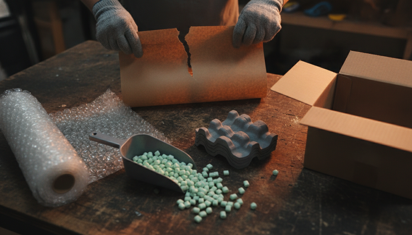 Kraft paper, bubble wrap, moulded foam inserts and biodegradable packing chips laid out beside an open cardboard box.