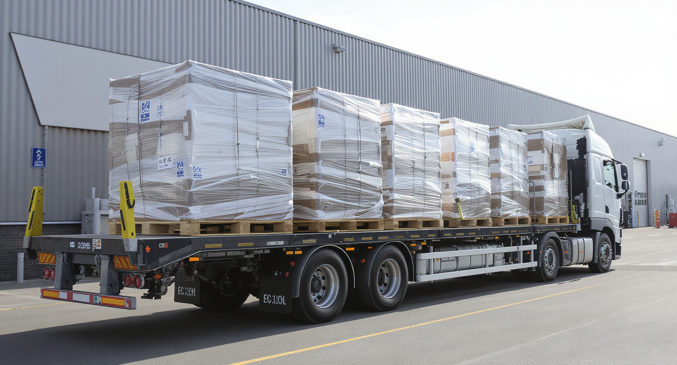 Wrapped and banded pallets of break-bulk freight strapped across the deck of a flatbed truck in a depot yard