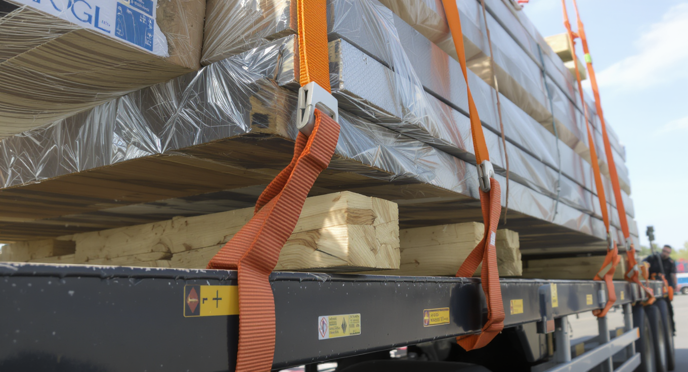 Orange ratchet straps tensioned over wrapped timber and steel on a flatbed deck, with timber dunnage separating the layers