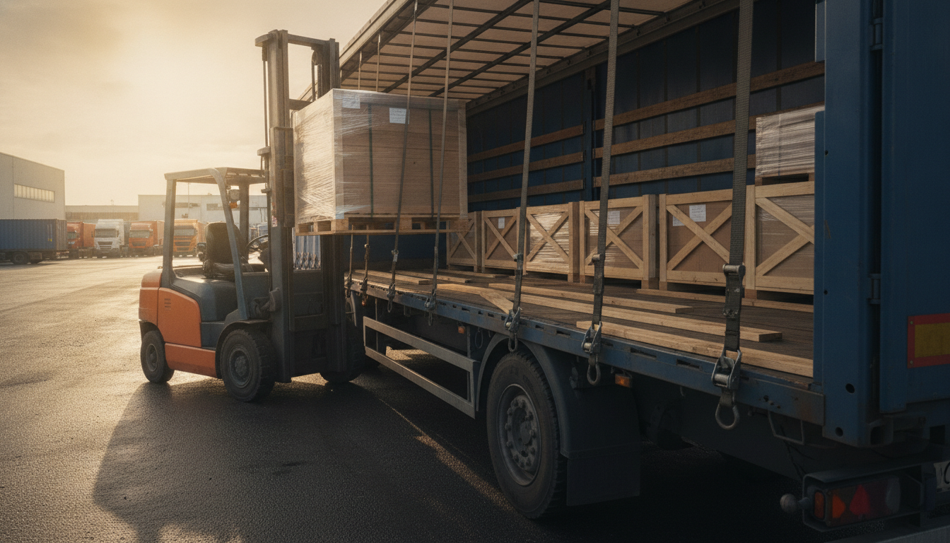 Forklift lowering a shrink-wrapped pallet onto the deck of a part-loaded curtainside truck at a freight depot.