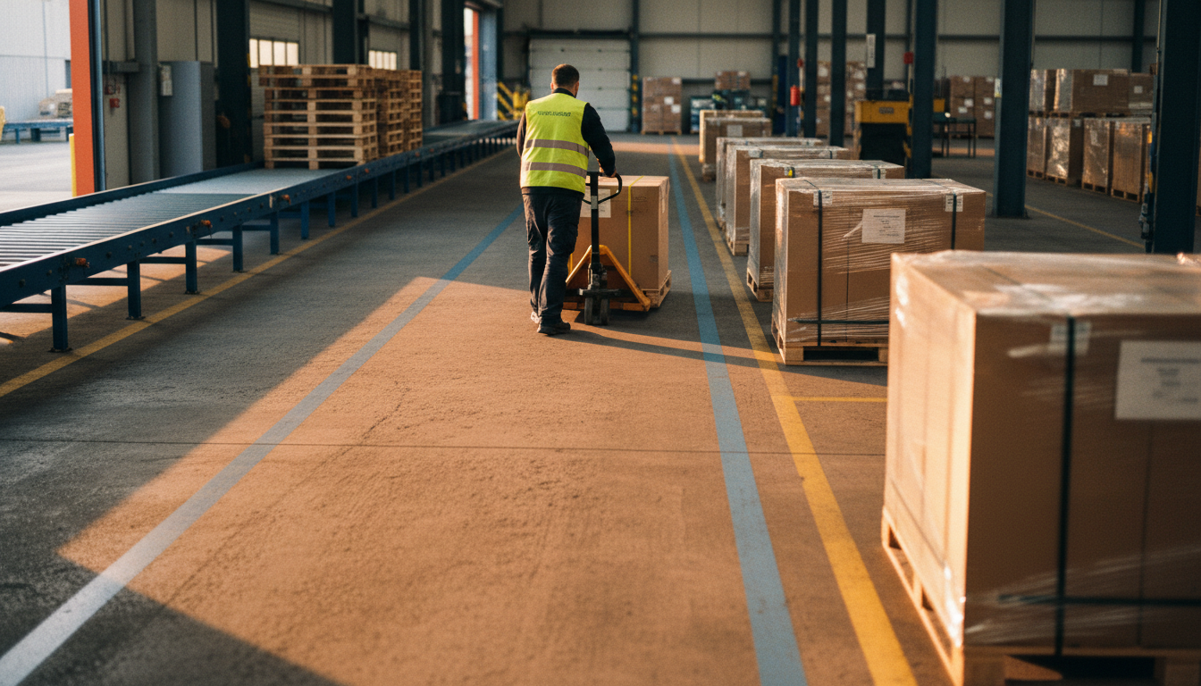 Depot worker moving a pallet of banded cartons into a marked consolidation lane on a cross-dock floor.