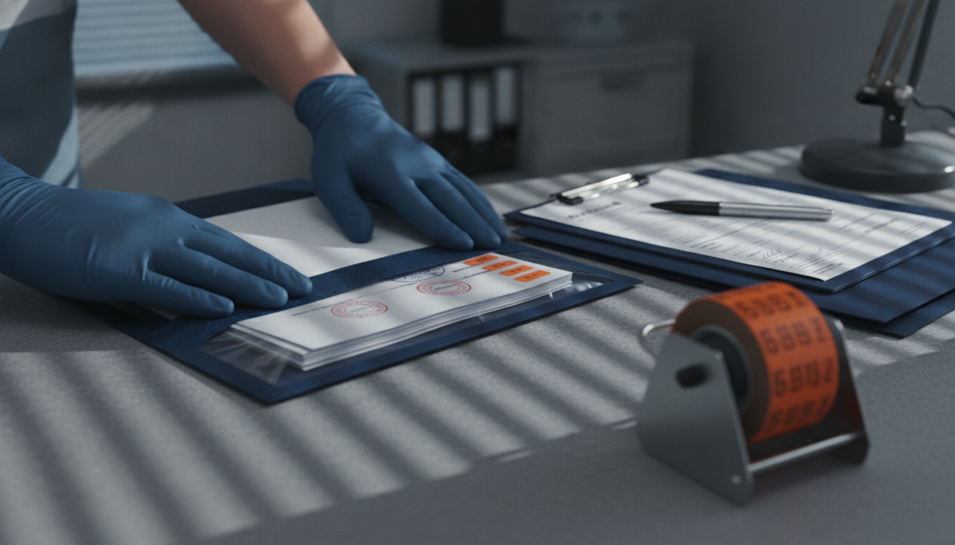 Gloved hands pressing the tamper-evident seal closed on a document pouch holding stamped paperwork.