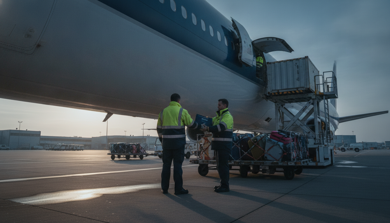 Two ground handlers in hi-vis passing a sealed document satchel beside an open aircraft cargo hold at dawn.