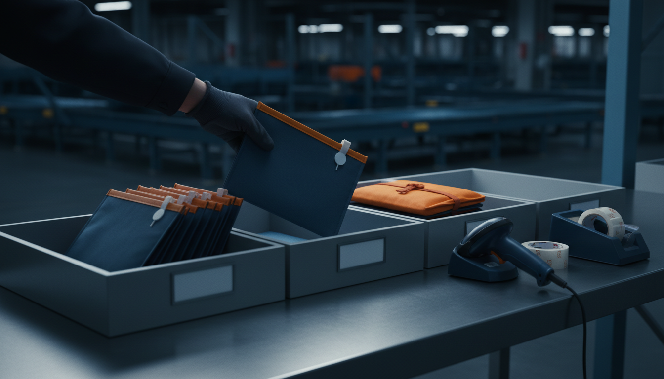 Gloved hand placing a sealed document pouch into one of three labelled sorting trays at a sort centre.