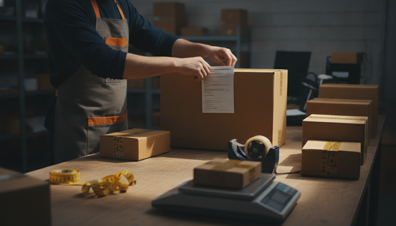 Shipping clerk sliding a customs declaration into the document wallet on a taped export carton beside a parcel scale.