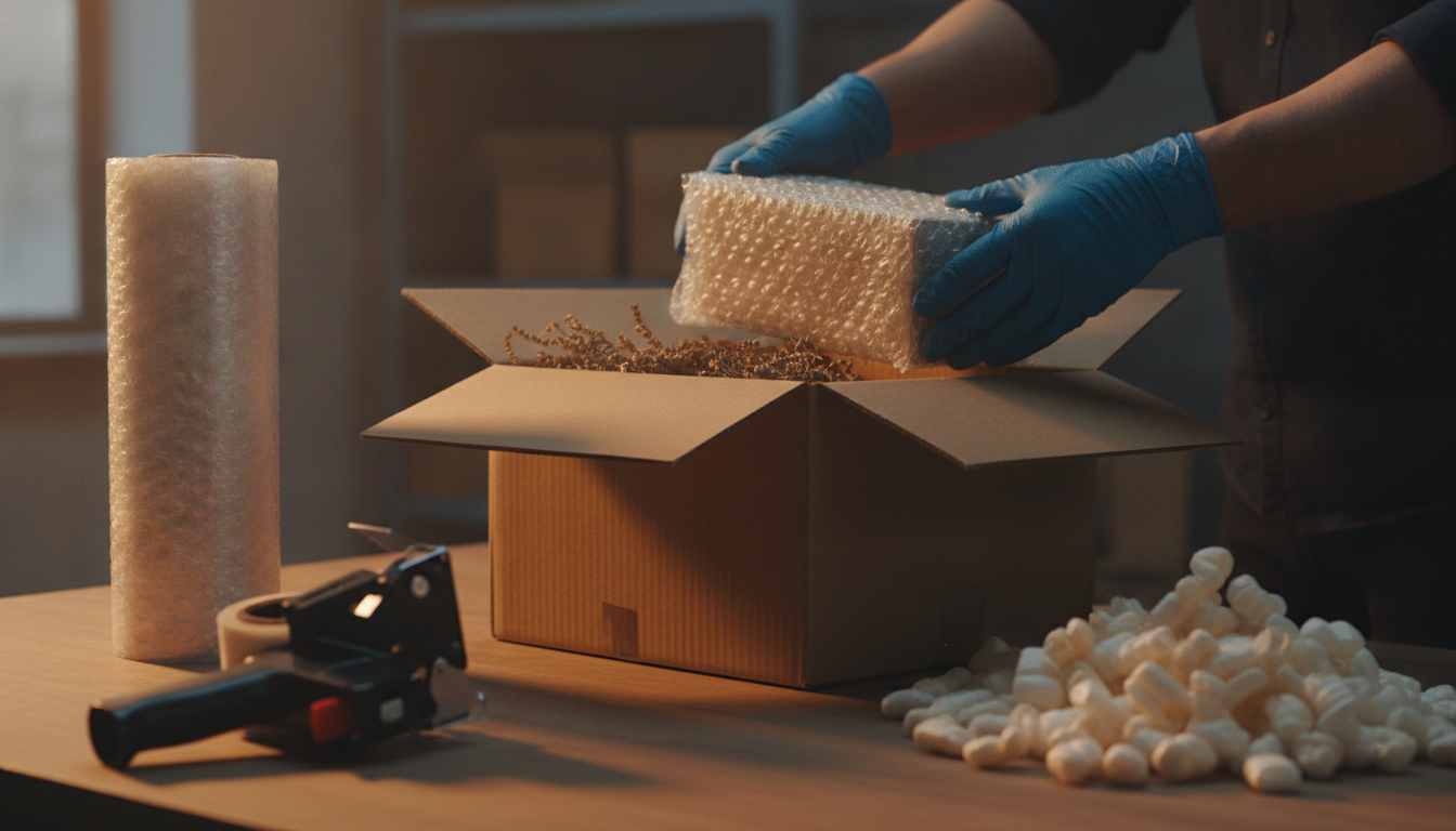 Gloved hands lowering a bubble-wrapped inner box into a larger carton lined with loose-fill packing chips.