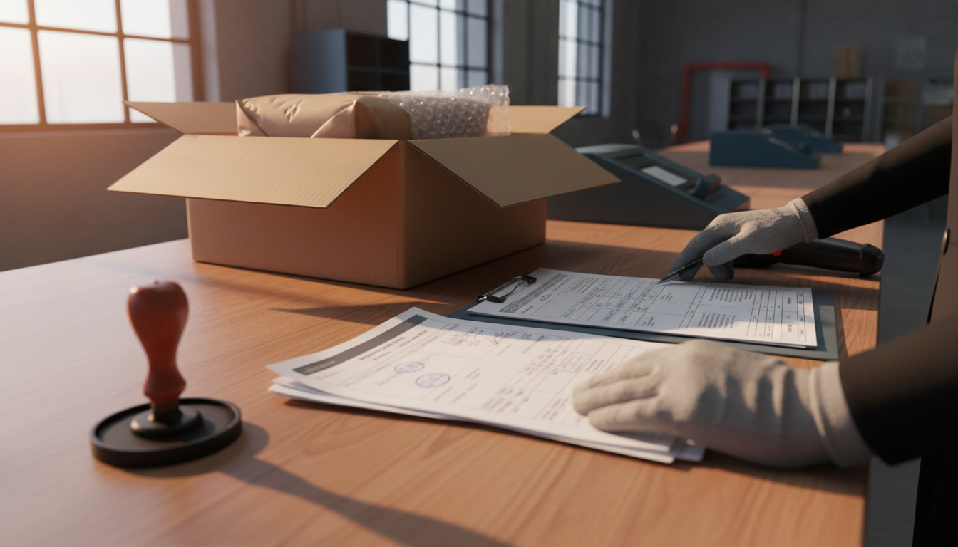 Customs agent's gloved hands laying stamped shipping paperwork beside an open export carton on an inspection bench.