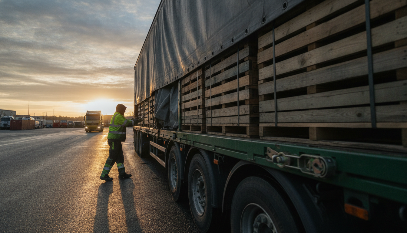 Driver in a hi-vis vest testing the ratchet strap tension along the flank of a loaded interlink trailer at dawn.