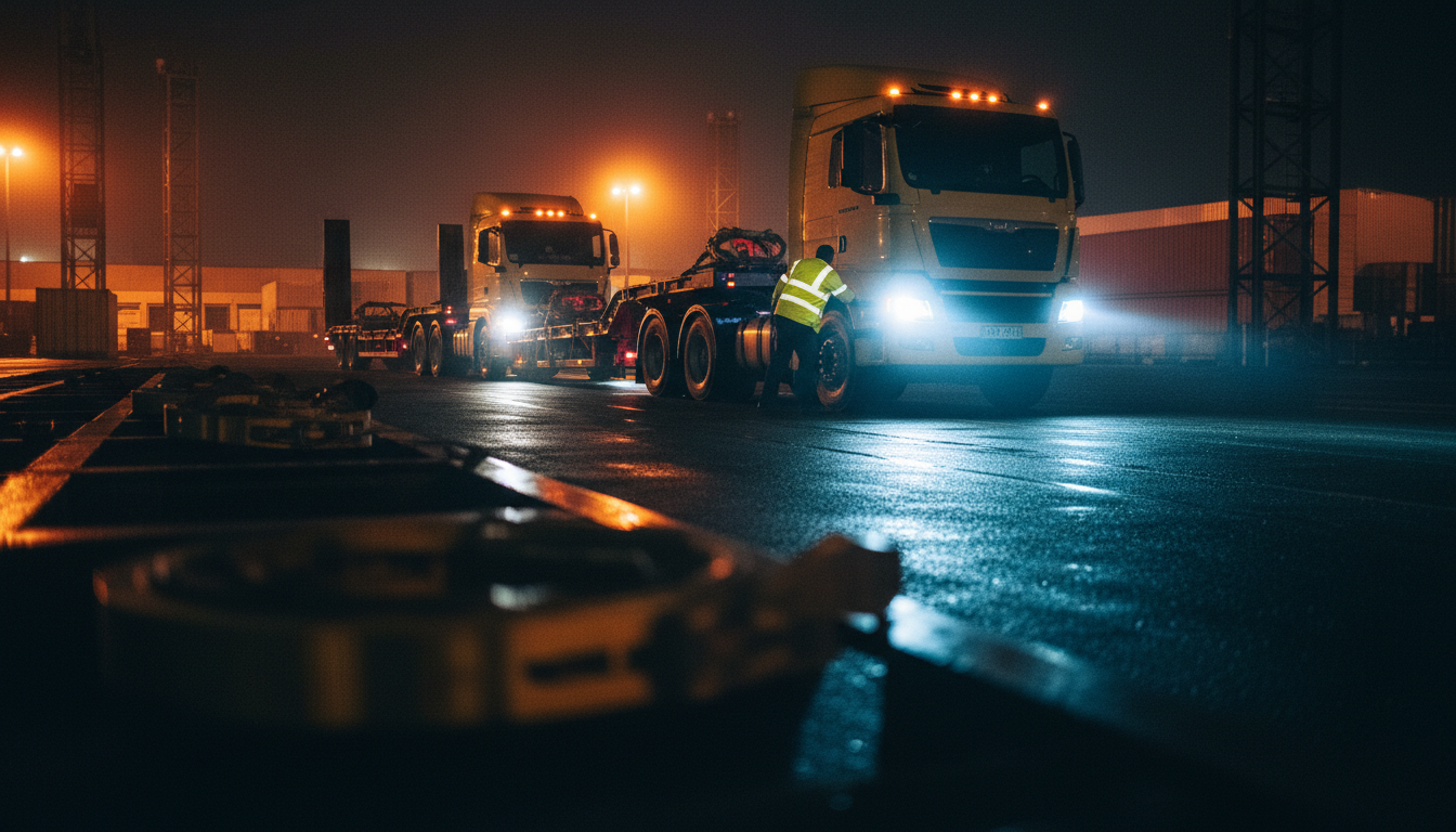 Driver in a hi-vis vest checking the tyres of a loaded interlink rig leaving a road freight yard under full headlamps at night.