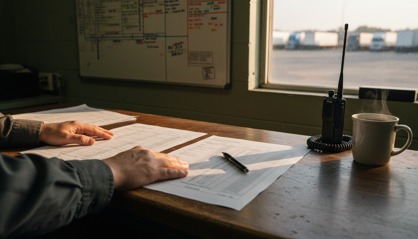 Dispatcher comparing three printed freight rate sheets on a depot office desk overlooking a yard of parked trailers.