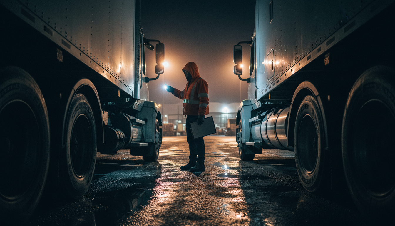 Freight buyer with a torch and clipboard inspecting the tyres of one of two tractor-trailer rigs parked nose to nose at night.