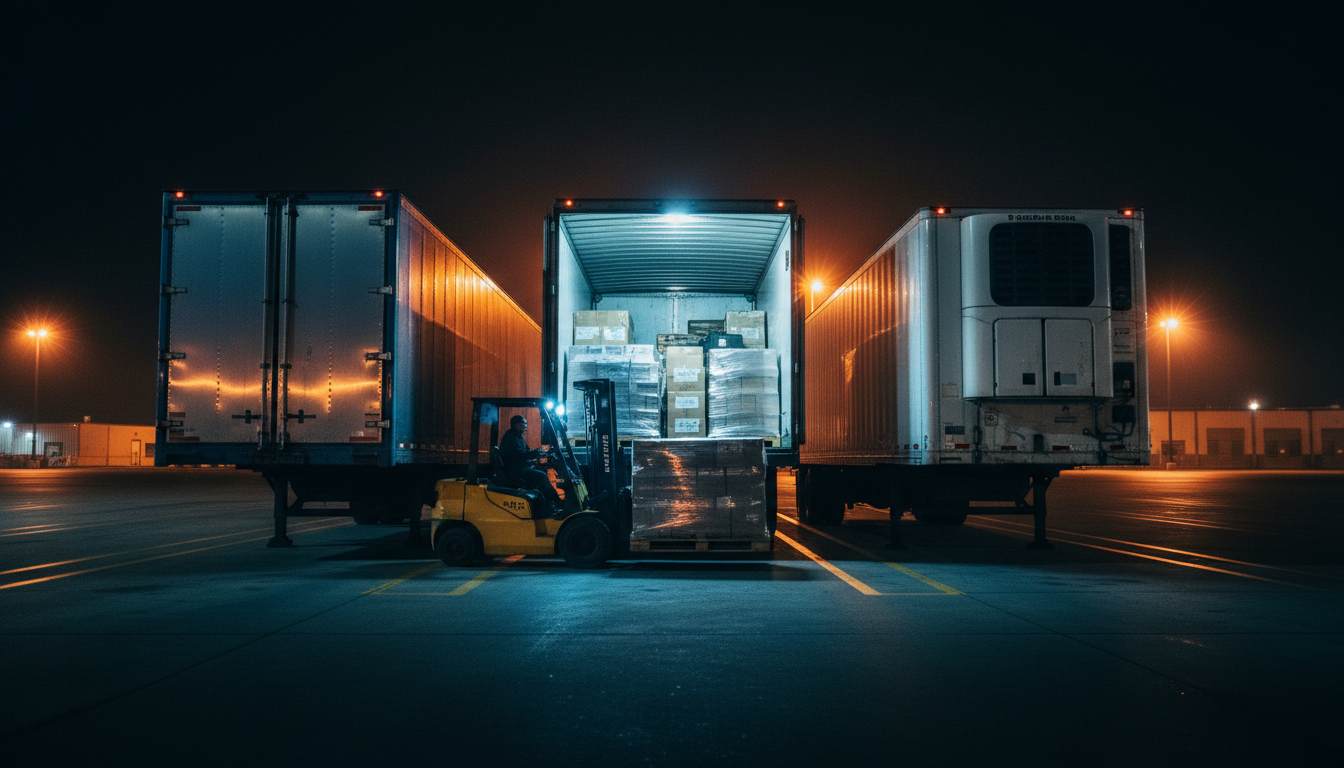 Three trailers side by side at night: a sealed full load, an open trailer taking mixed pallets, and a refrigerated unit.