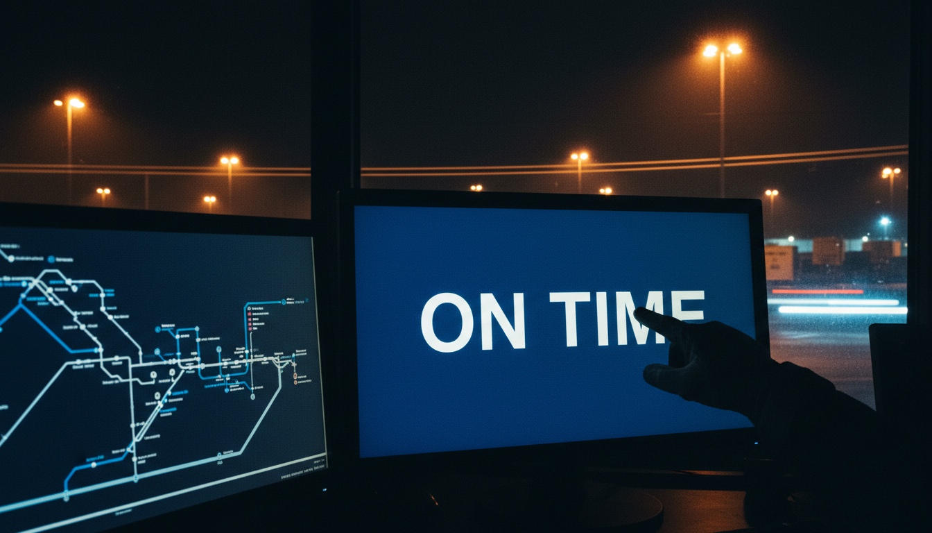 Night dispatch console screen reading ON TIME beside a route map, with a hand reaching in to tap it above the depot yard.
