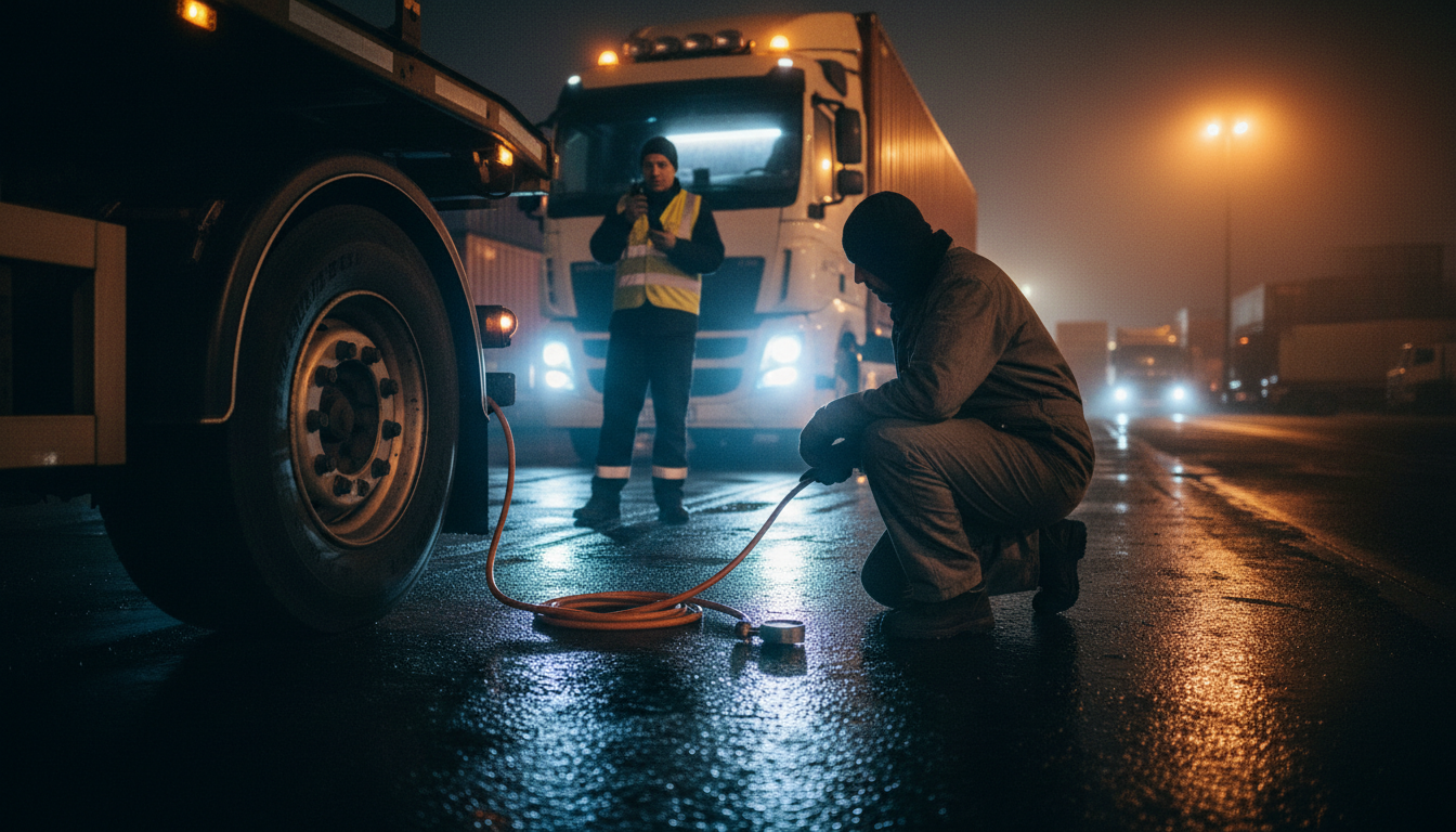 Mechanic kneeling at a trailer wheel with an airline and pressure gauge while a driver radios from the lit cab at night.