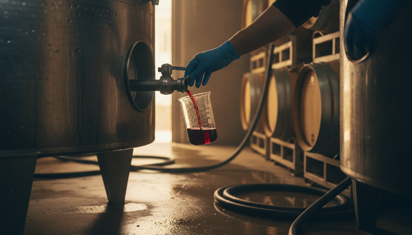 Gloved hands drawing a wine sample from a stainless steel fermentation tank into a glass beaker in a cellar.