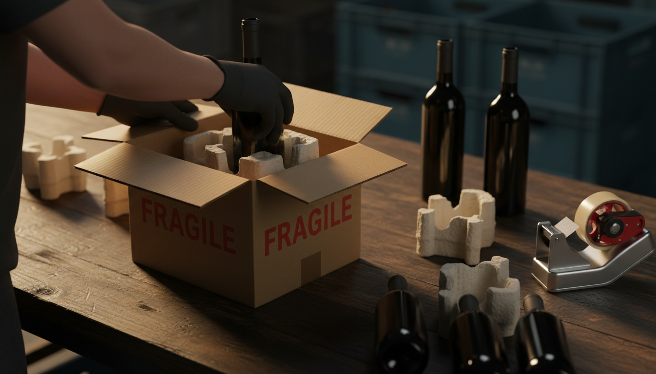 Gloved hands placing a wine bottle into a moulded pulp insert inside an export carton stamped FRAGILE, with edge protectors on the packing bench.