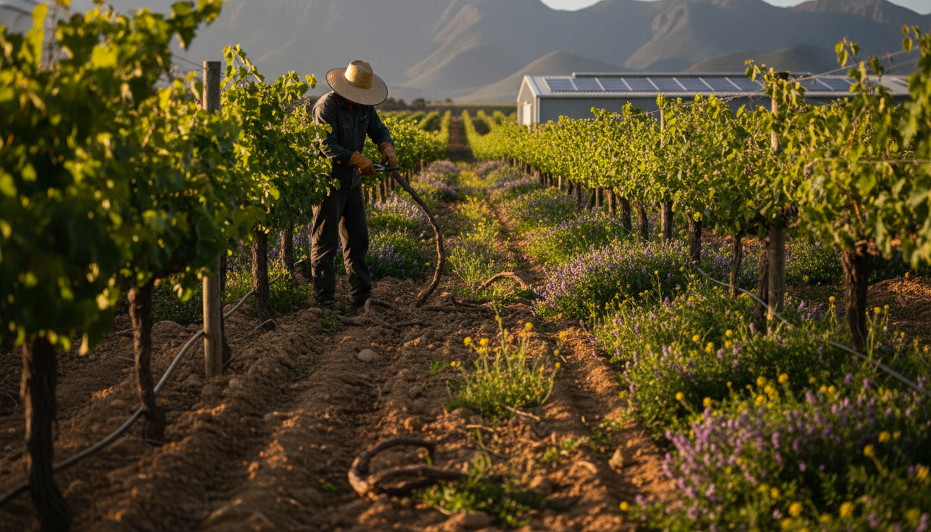 Vineyard worker pruning vines between the rows of a Cape winelands vineyard, with a flowering cover crop underfoot and solar panels on the shed beyond.