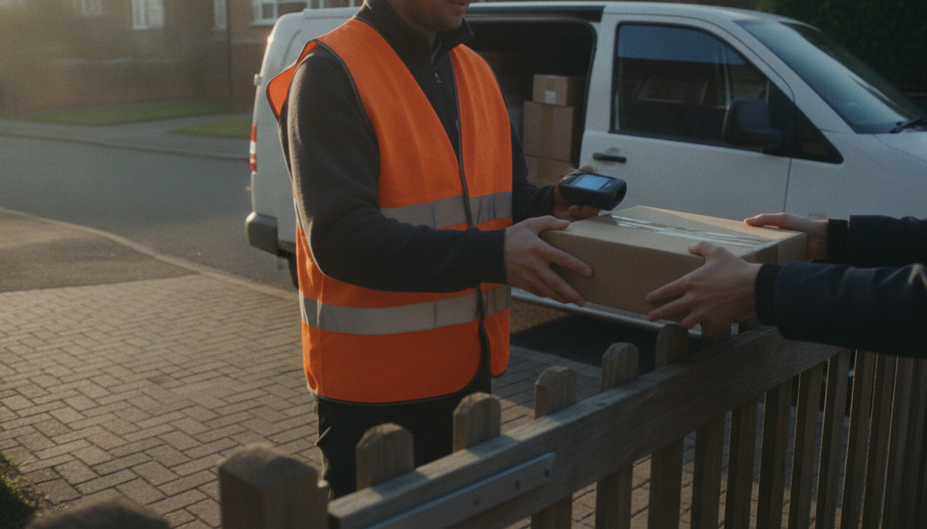 Courier handing a taped parcel across a suburban gate to a waiting customer, with a delivery van at the kerb behind.