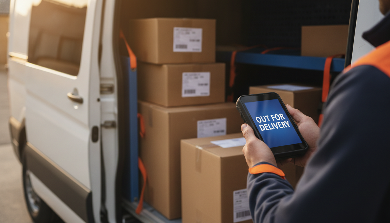 Courier holding a handheld scanner reading OUT FOR DELIVERY above a stack of labelled parcels in an open delivery van.