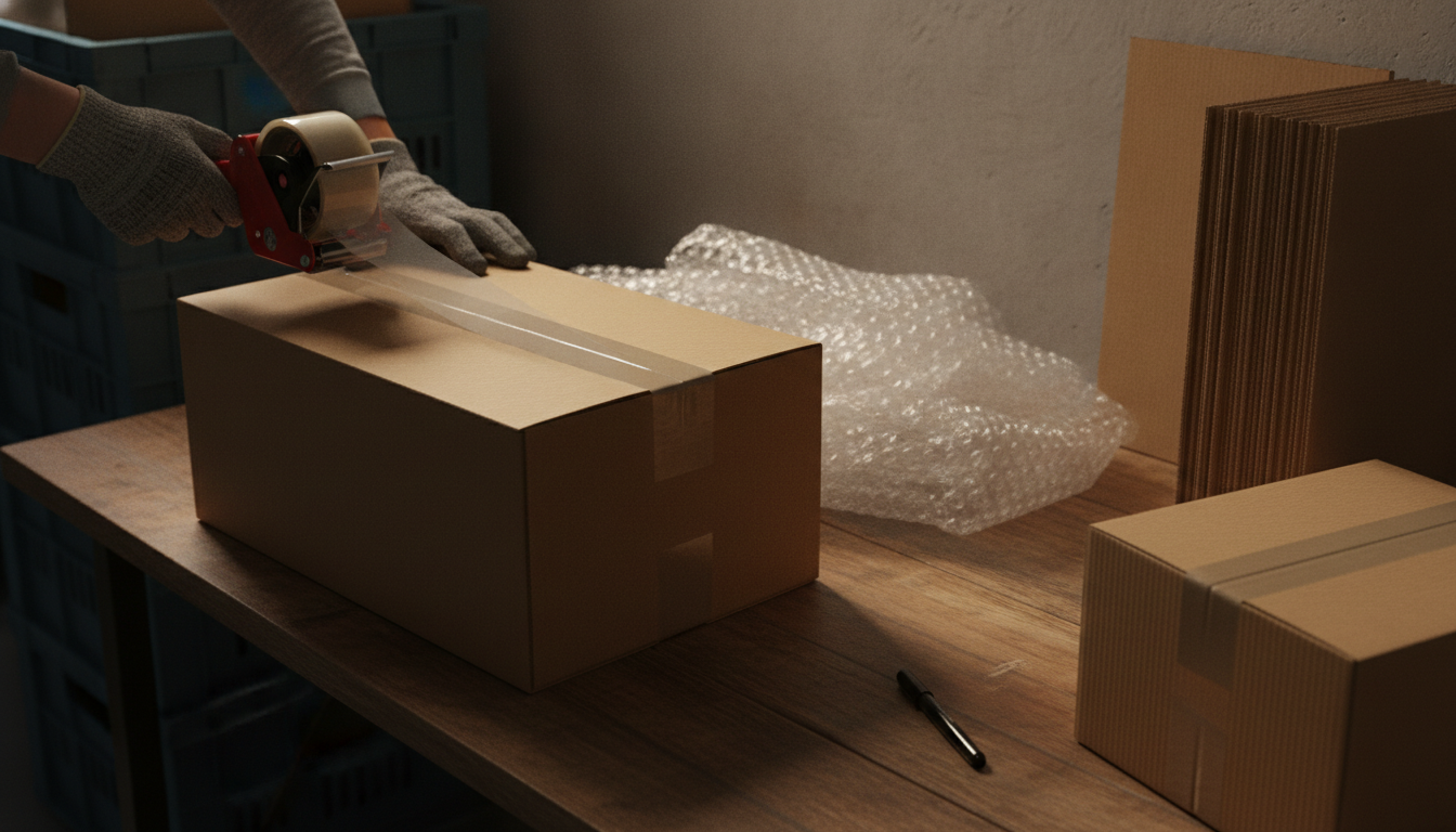 Gloved hands running broad plastic packing tape along the centre seam of a double-walled corrugated box on a packing bench.