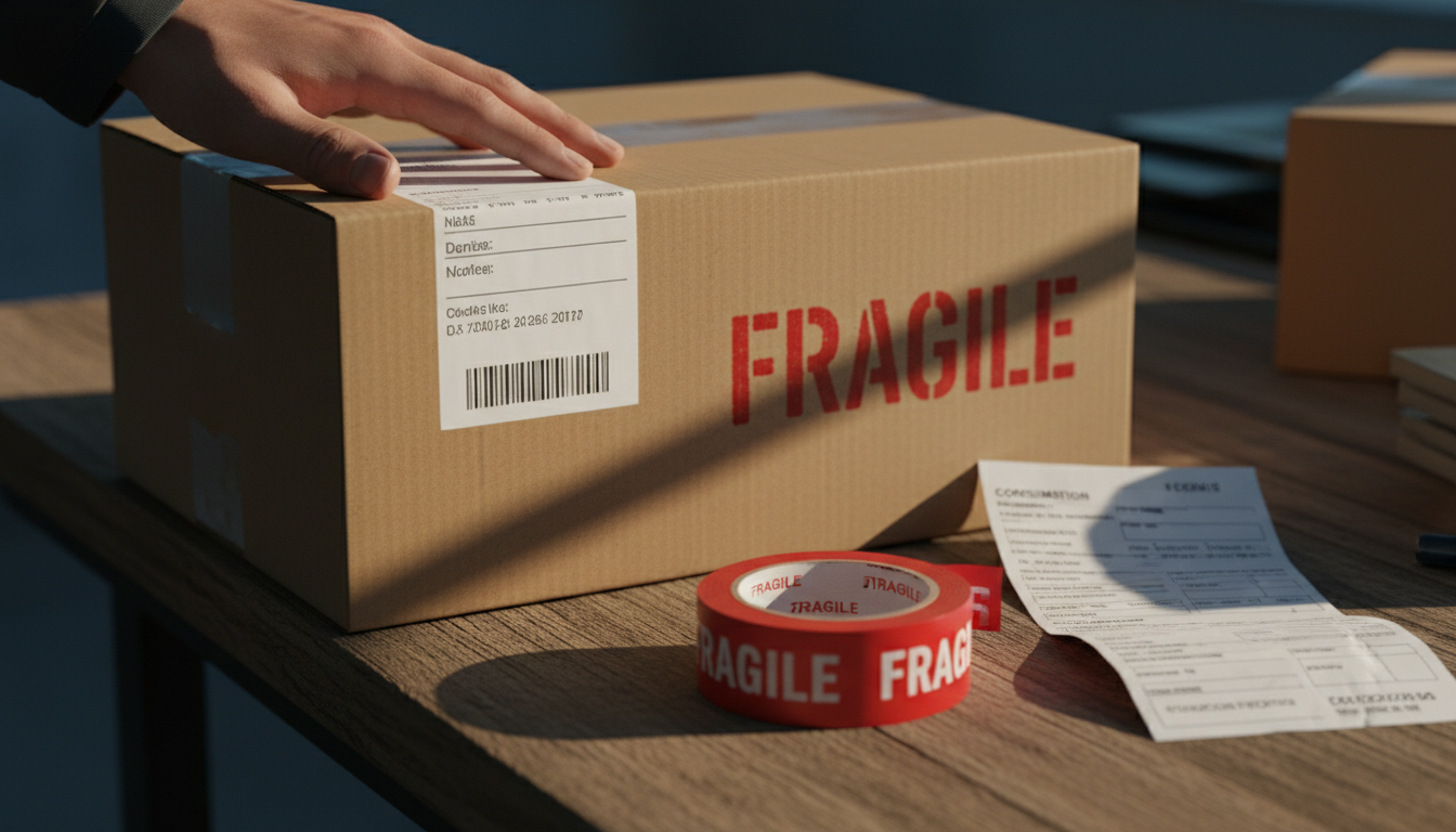 Hand pressing an address label onto a sealed courier box stencilled FRAGILE, beside a roll of red fragile tape and a consignment note.
