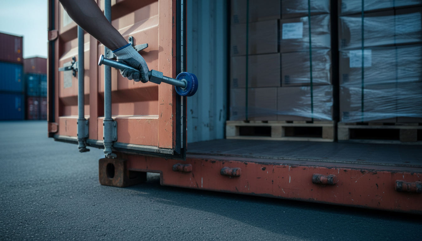 Gloved hand closing the lock bar on the rear door of a loaded export container in a depot yard, with a bolt seal ready to fit.