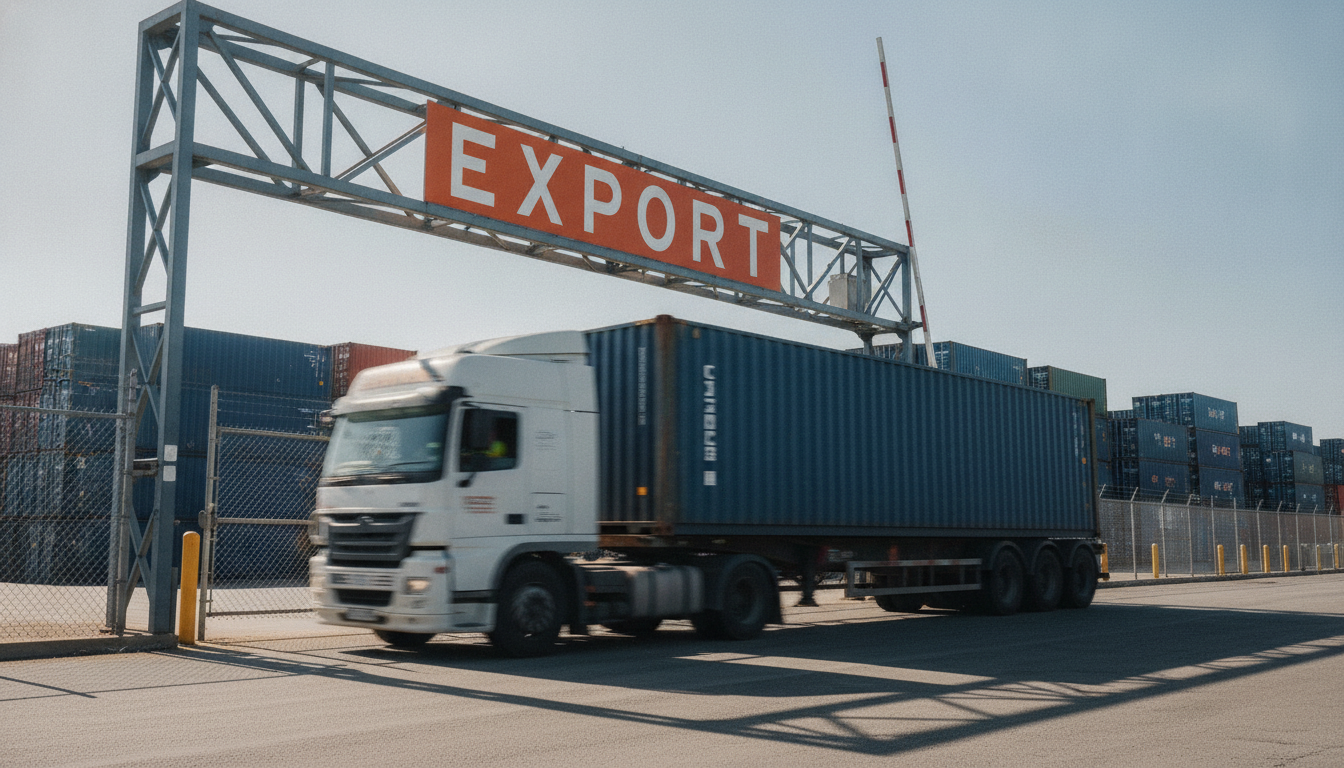 Loaded container truck driving out beneath a depot gantry sign reading EXPORT, with stacked containers behind the fence.