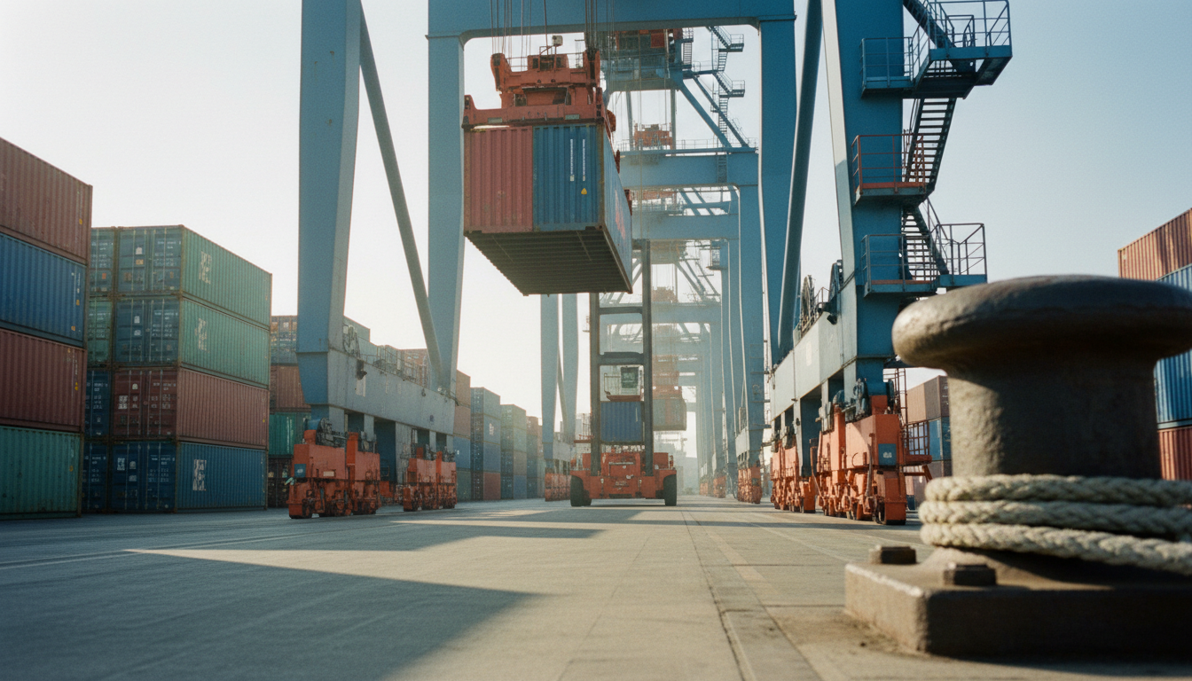 Ship-to-shore crane lowering a container onto a stacked row at a container terminal, with a straddle carrier moving behind.