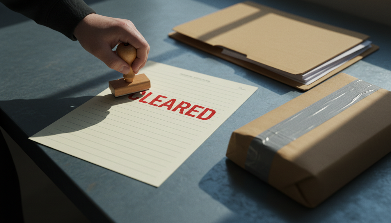 Hand pressing a rubber stamp reading CLEARED onto a shipping document, with a taped parcel and a folder of papers on the counter.