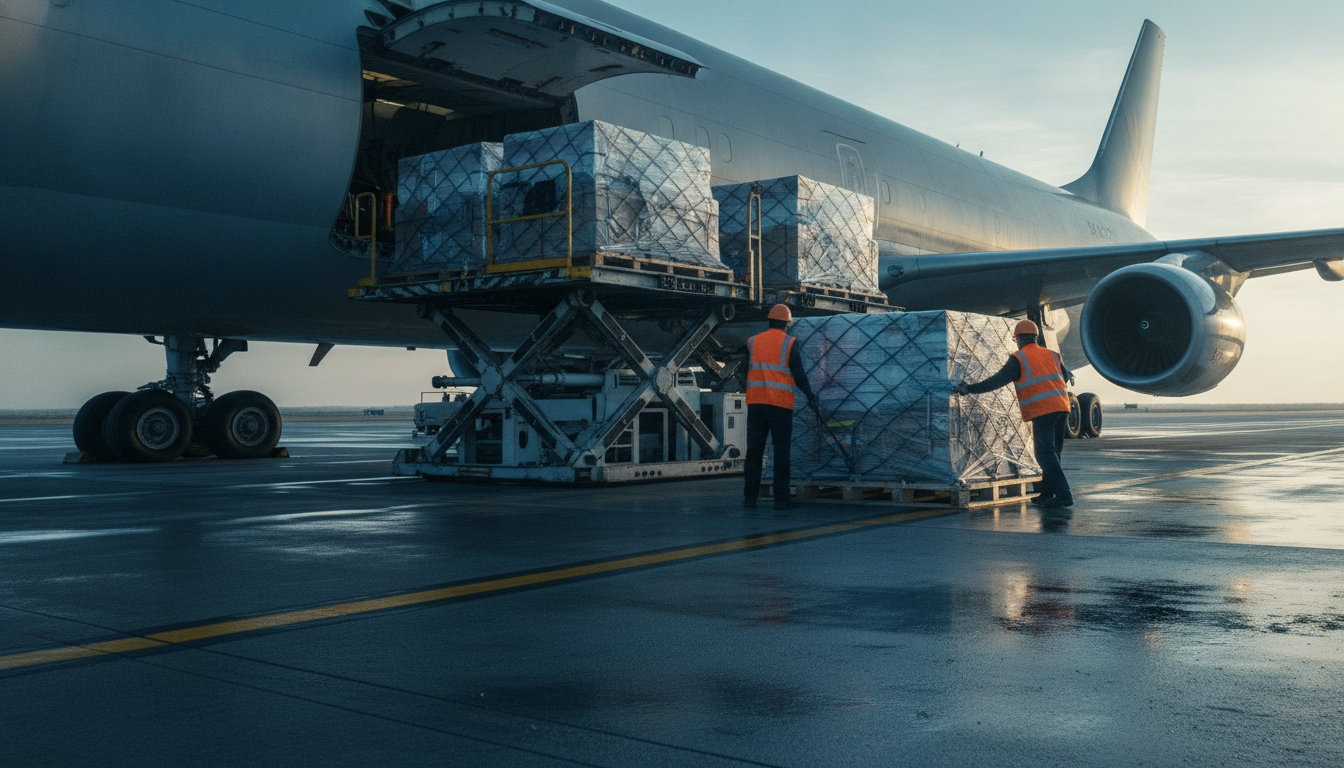 Handlers in hi-vis guiding shrink-wrapped airfreight pallets onto a cargo loader beside the open hold of a freighter aircraft at dawn.