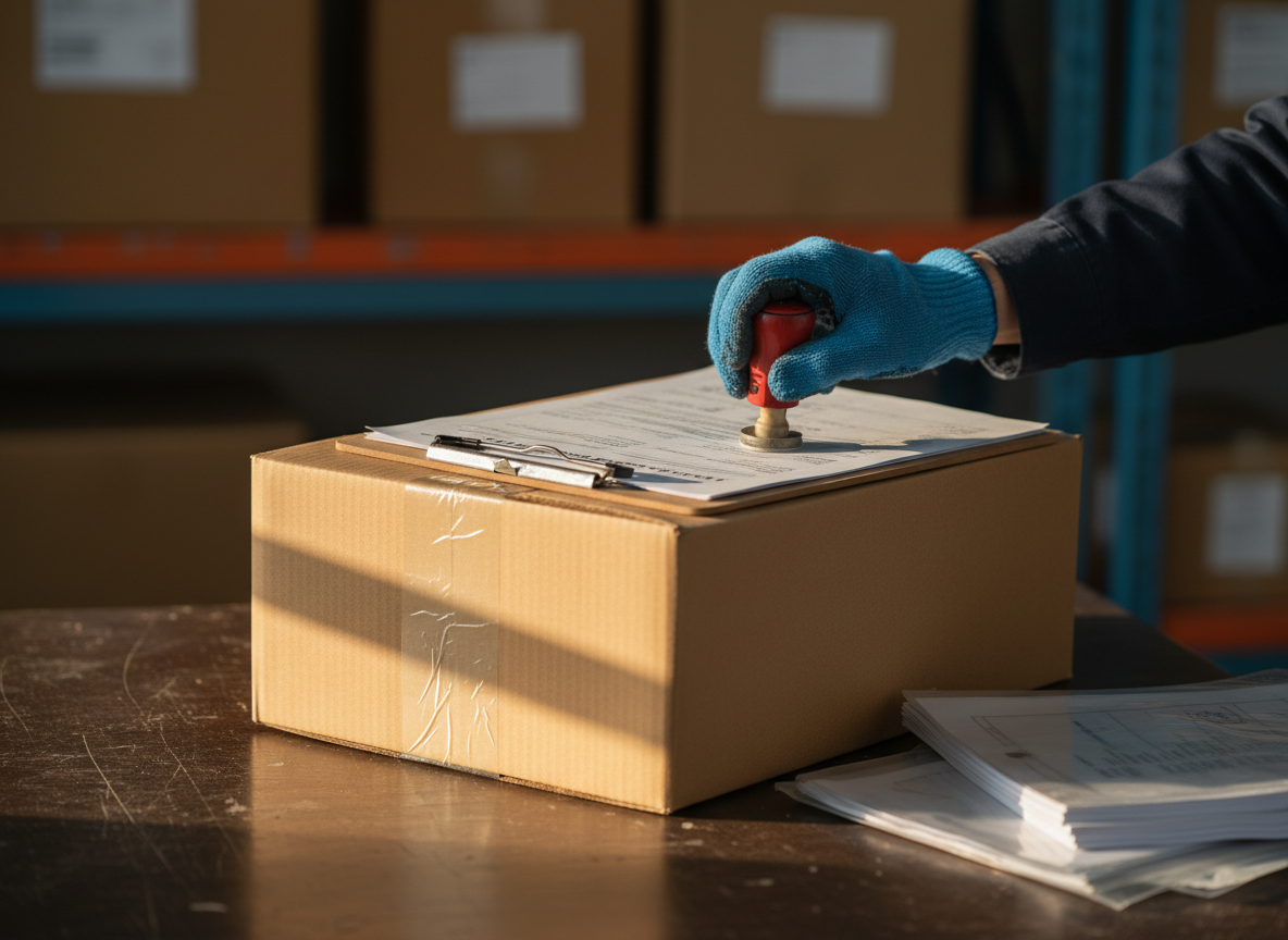 Gloved hand stamping a pack of export paperwork clipped to a board on top of a sealed carton at a depot desk.