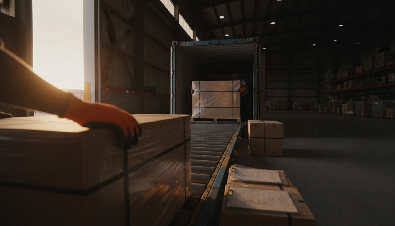 Worker in orange gloves sliding a wrapped export carton into an air-freight container at a depot bay door.