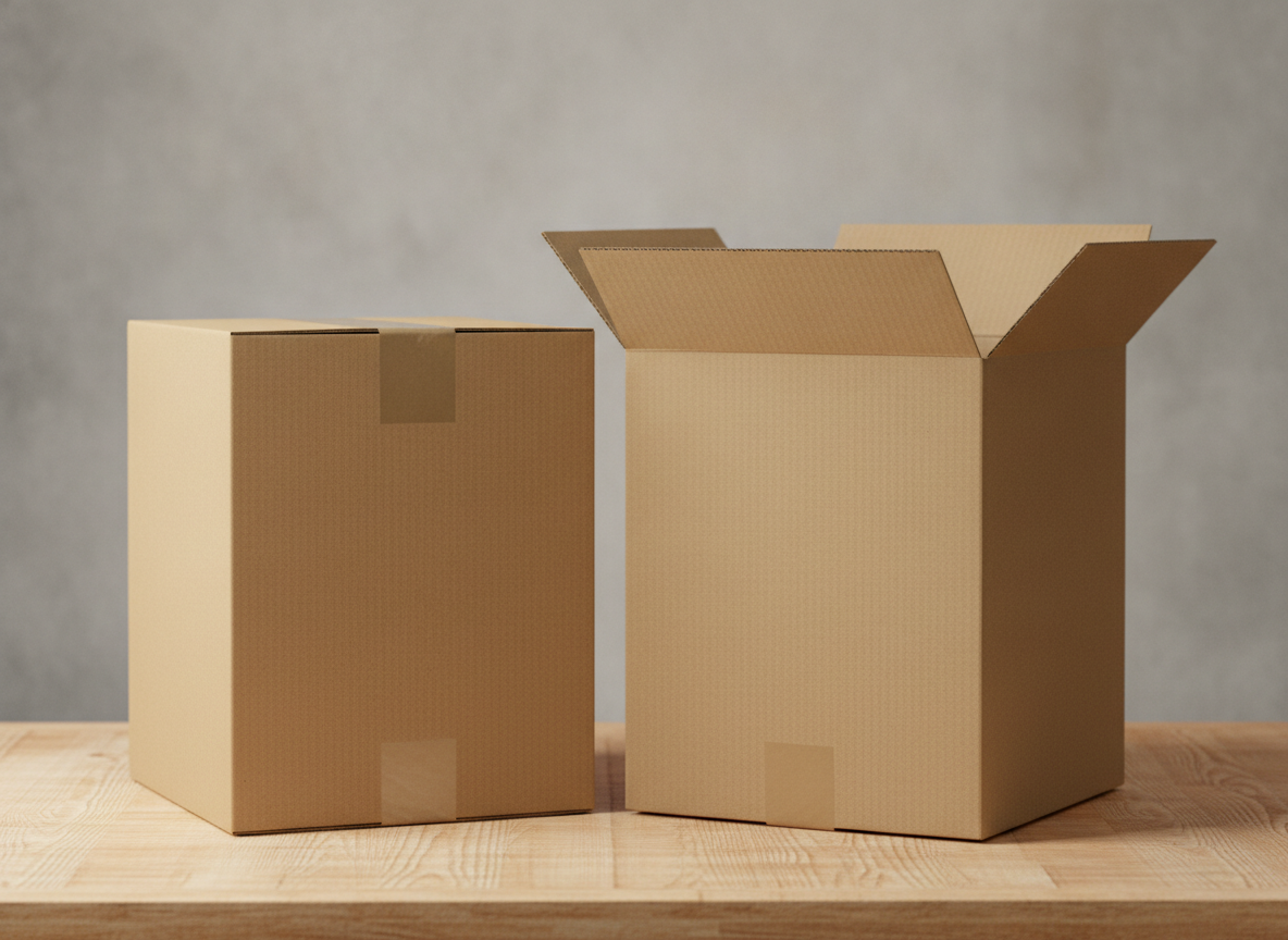 Two plain brown corrugated cardboard shipping boxes on a workbench, one sealed and one open, showcasing wall thickness for courier packaging guidelines.