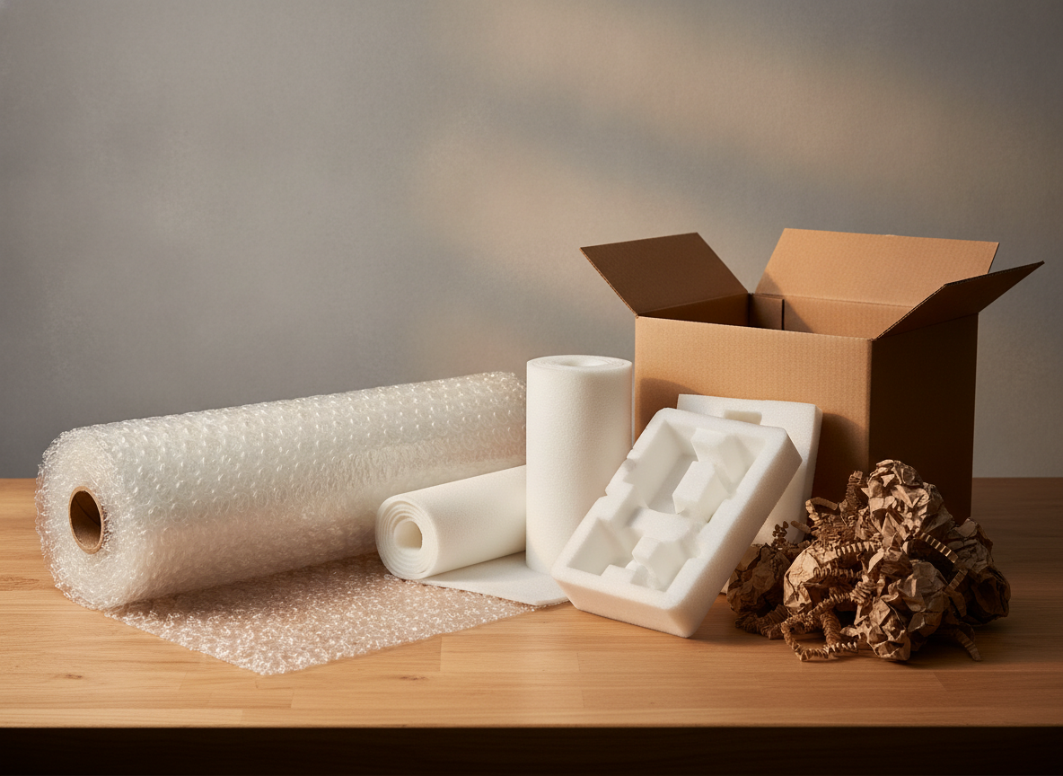 Cushioning materials including bubble wrap, foam sheeting, and kraft-paper fill on a workbench.
