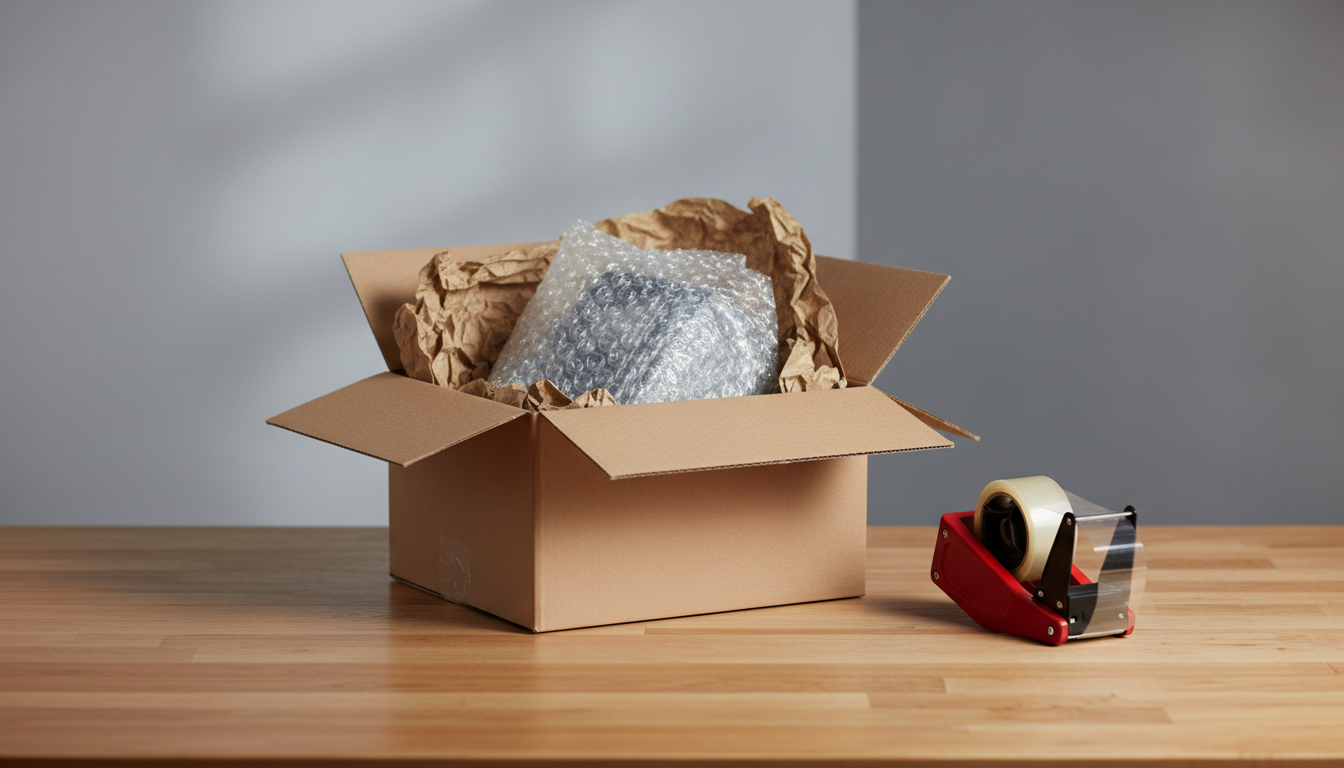 Open double-walled cardboard box with a bubble-wrapped item and kraft-paper void fill, tape dispenser nearby.