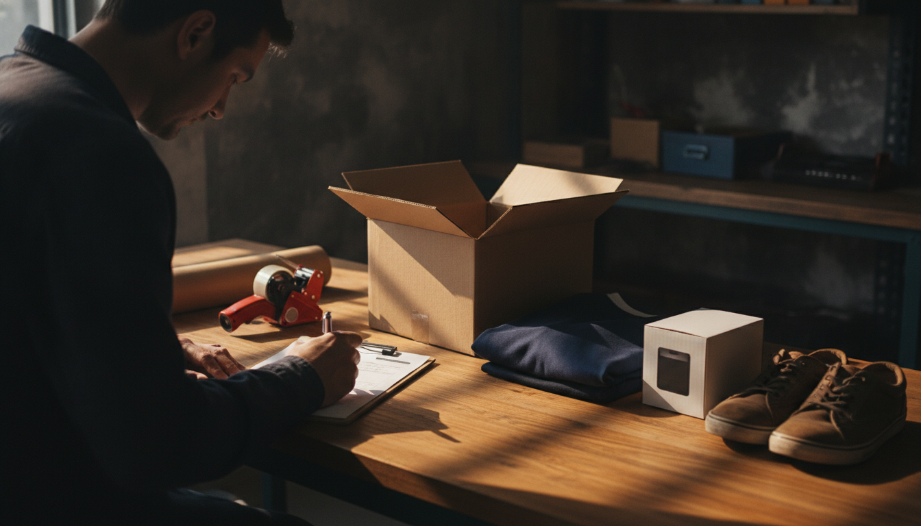 Sender writing a contents declaration on a clipboard beside an open export carton with the items laid out ready to list.