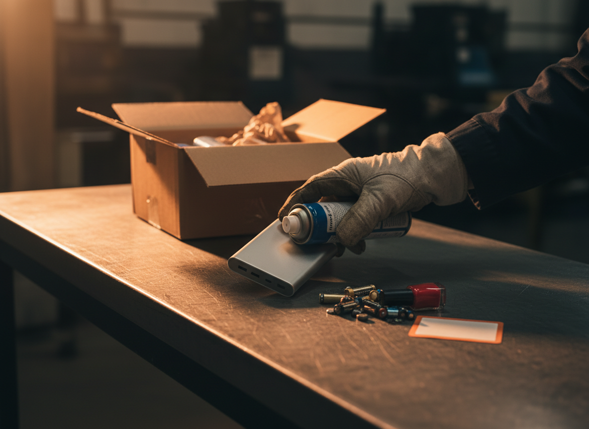 Gloved hand lifting a power bank and an aerosol can out of a parcel and setting them aside with loose batteries on a depot bench.