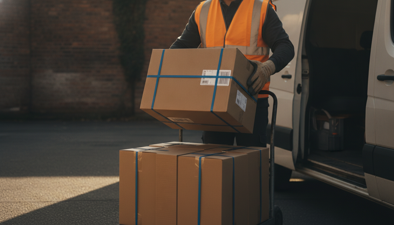 Courier in a hi-vis vest lifting a strapped export carton off a loaded trolley into the side door of a panel van.