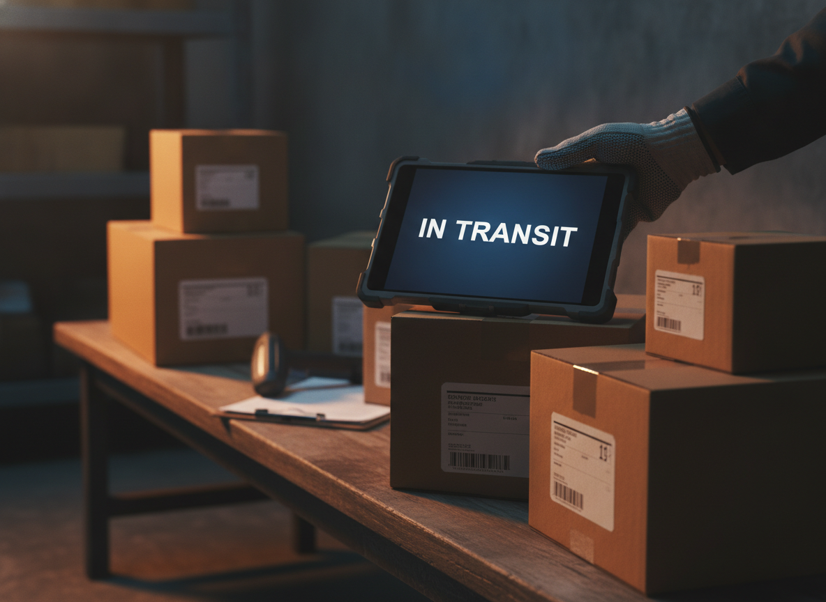 Gloved hand holding a rugged tablet reading IN TRANSIT above a bench of labelled export cartons at a depot.