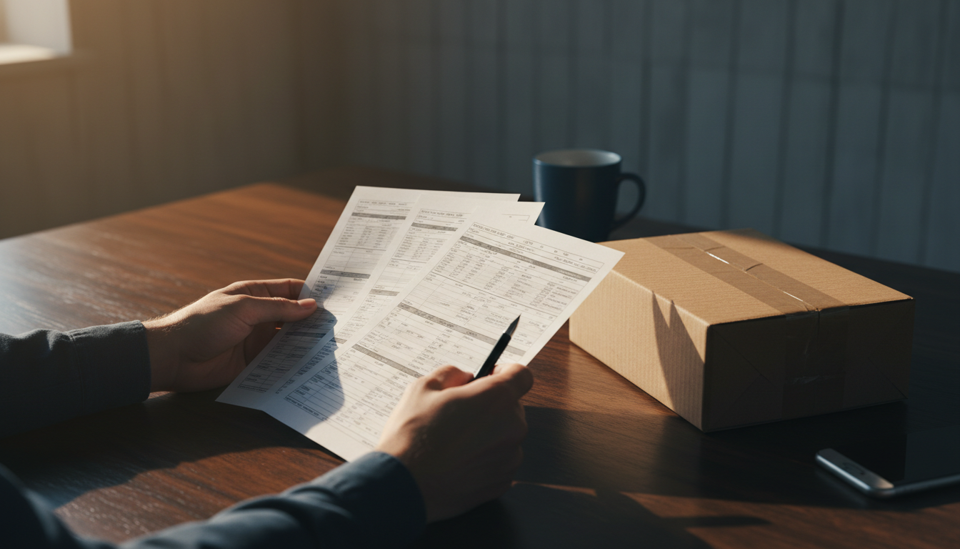 Hands fanning out three printed courier rate sheets on a desk beside a sealed parcel, pen poised over one of them.