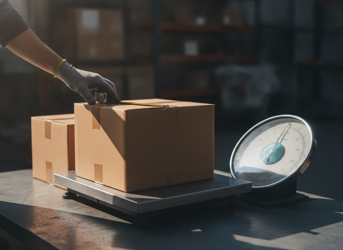Gloved hand running a tape measure across a sealed carton on a depot platform scale, with a second carton alongside.
