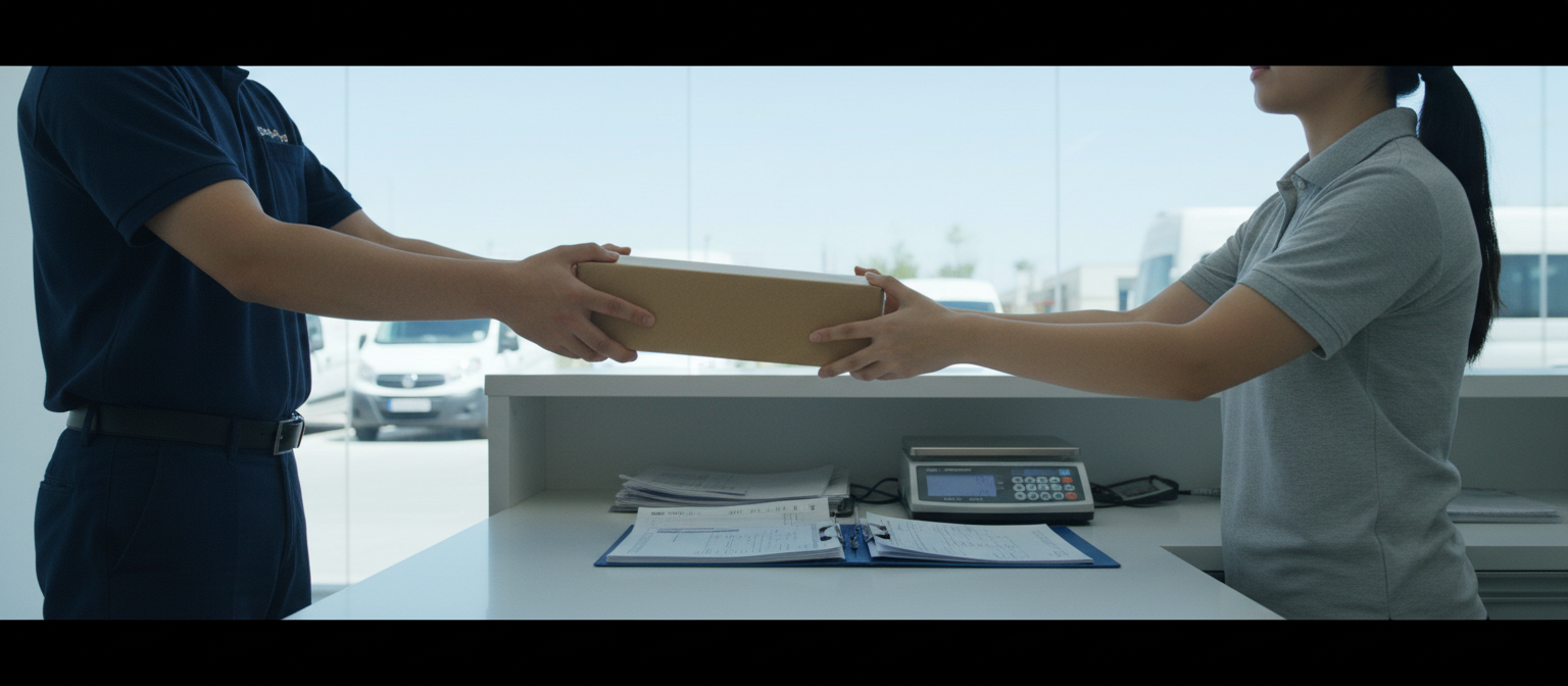 A courier hands a taped parcel across an international courier service counter to a clerk, with a parcel scale and export folder between them.
