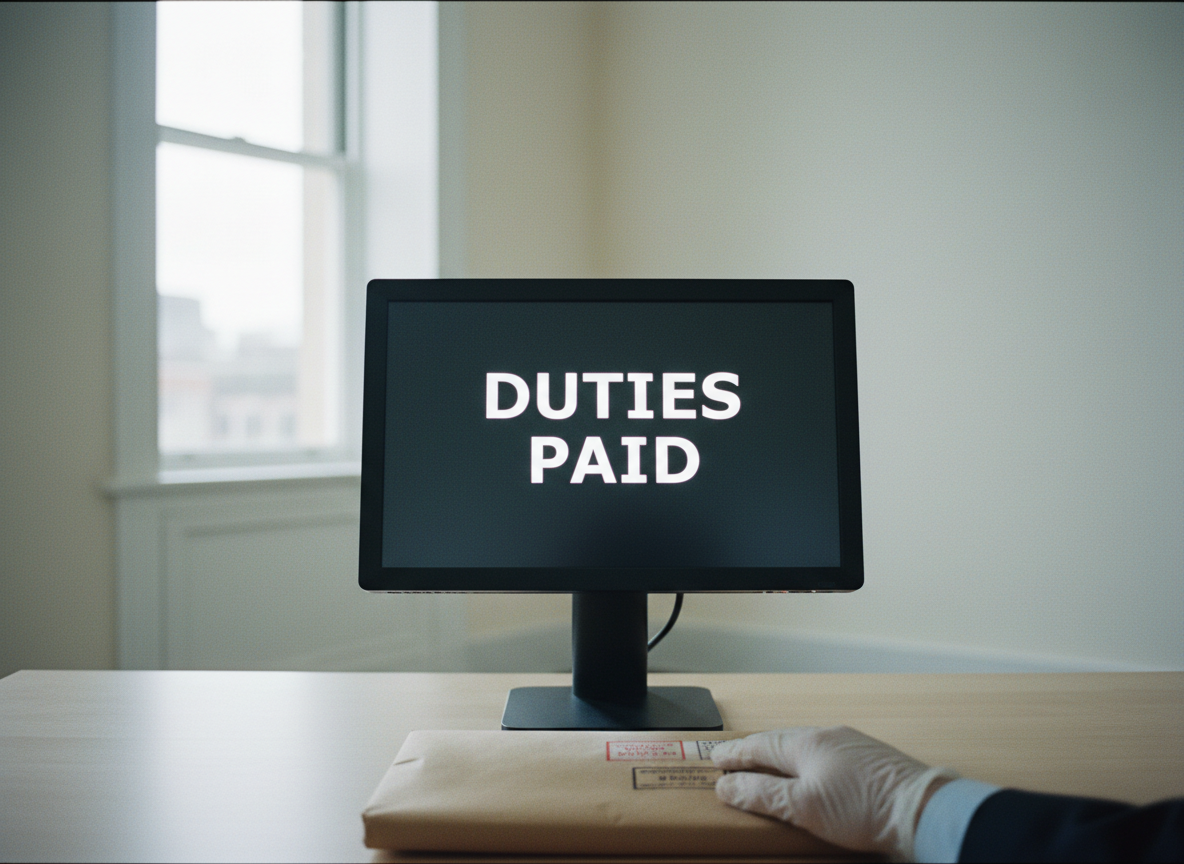 A customs clearance screen reading DUTIES PAID above a desk where an officer's hand rests on a stamped parcel.