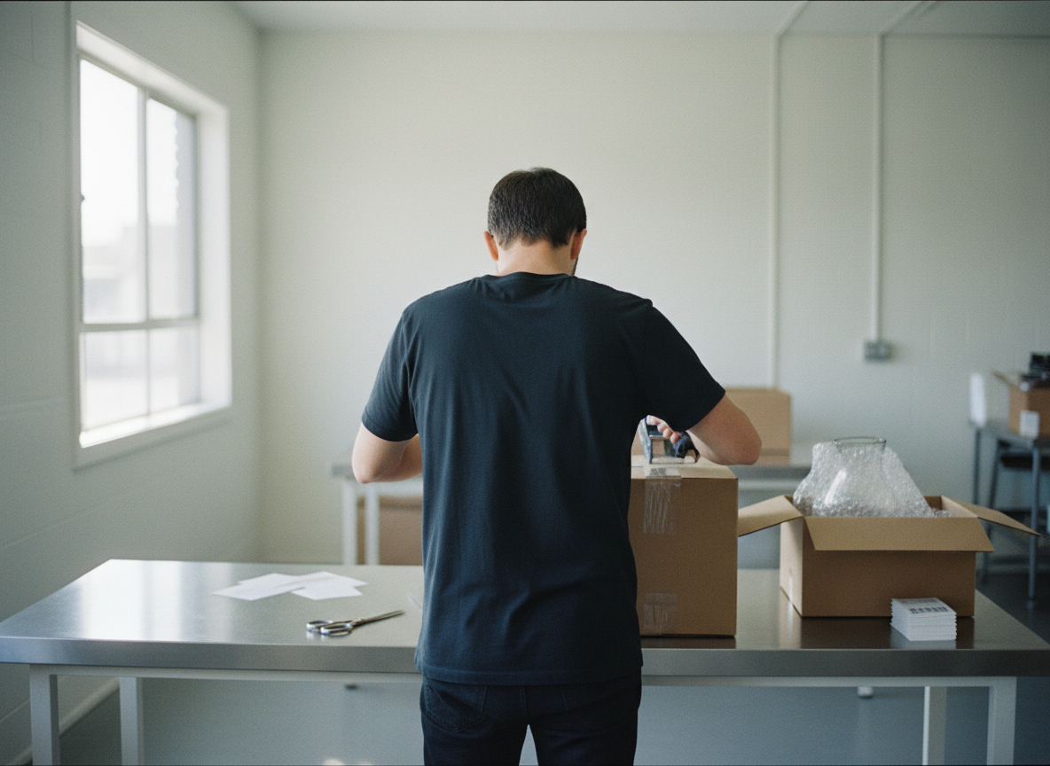 A packer seen from behind runs a tape gun along the seam of an export carton, with a second open box of bubble wrap beside them.
