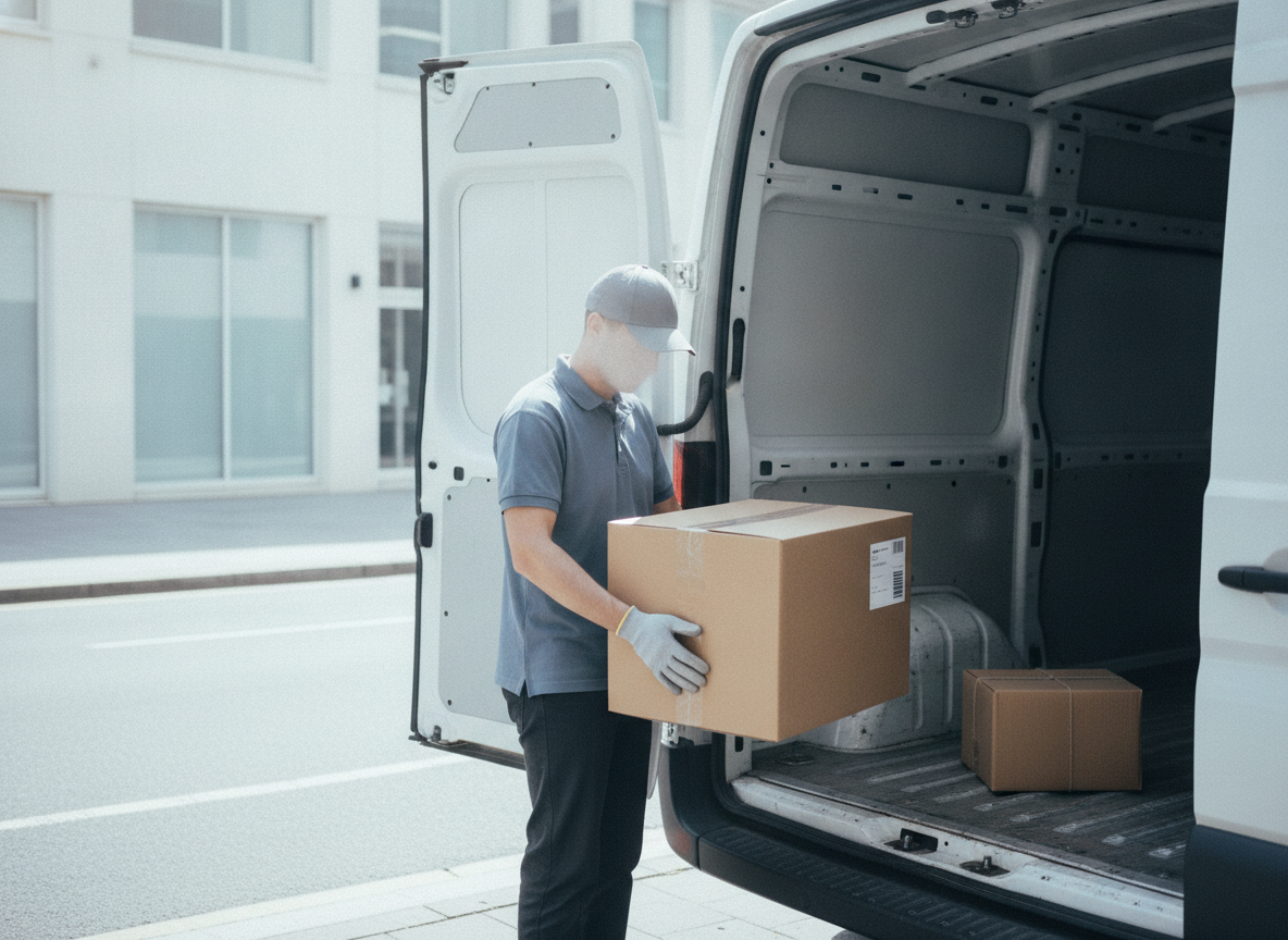 A courier lifts a sealed carton from the back of a delivery van at a kerbside collection.