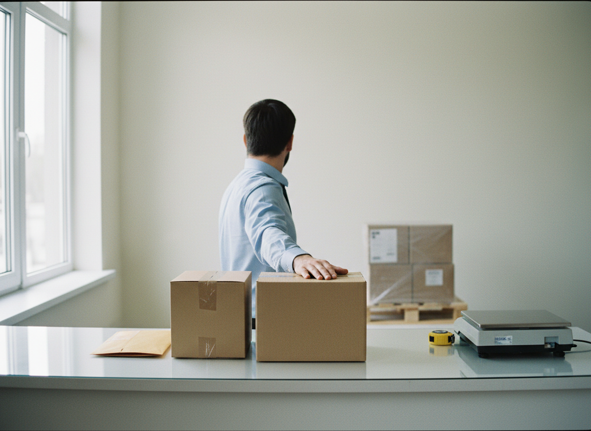 A logistics clerk seen from behind rests a hand on the middle of three shipments on a depot counter - a document envelope, a taped carton and a wrapped pallet - beside a parcel scale.