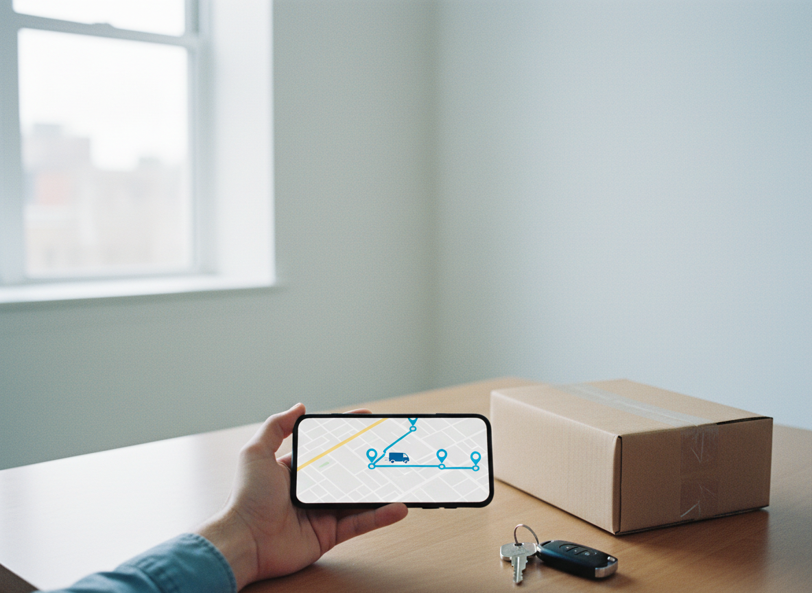 A hand holds a phone showing a parcel tracking map and route, beside a sealed parcel and van keys.