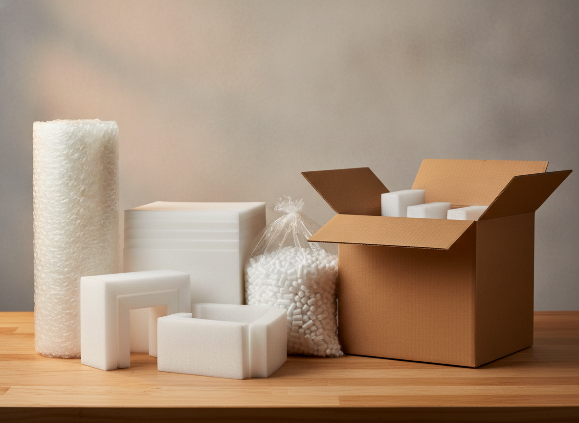 Bubble wrap roll, foam sheets, moulded foam, and loose-fill chips next to an open box on a workbench.