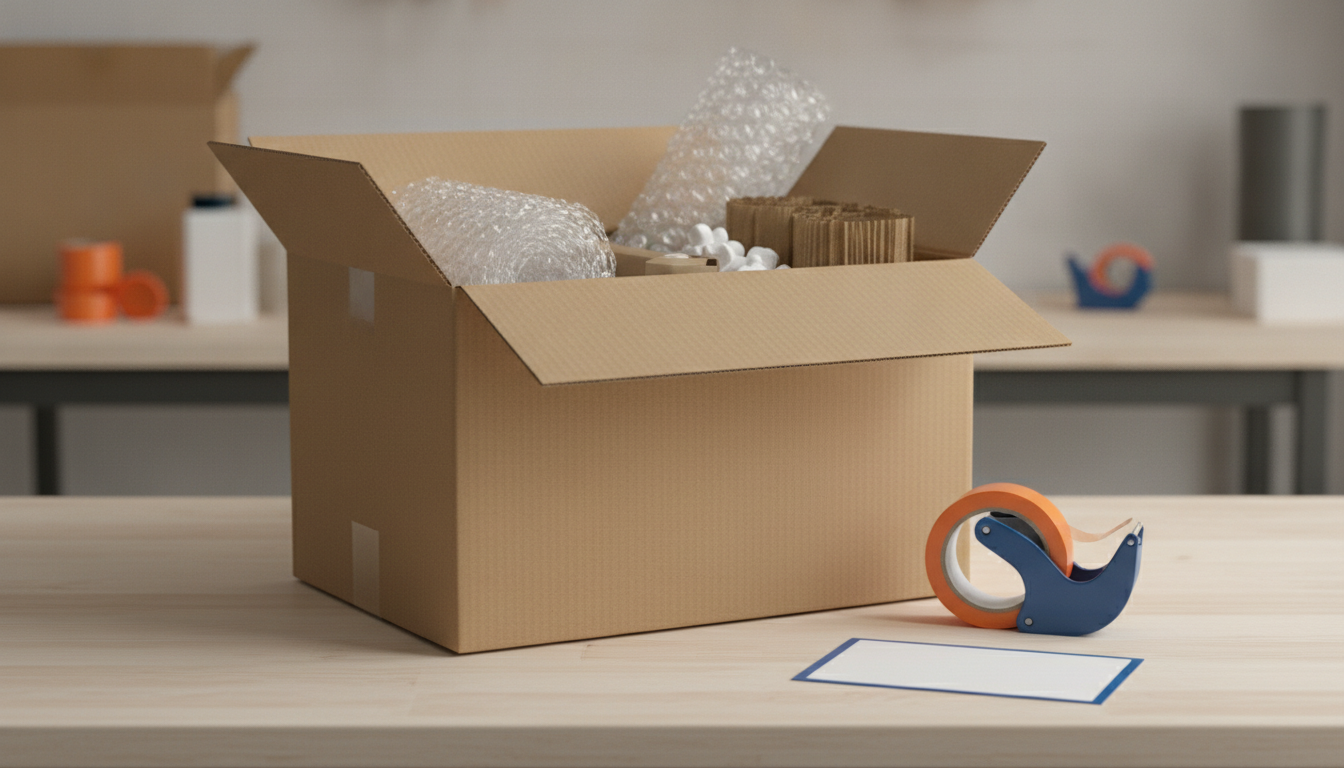 Open cardboard courier box filled with bubble wrap, tape dispenser, and shipping label on workbench.